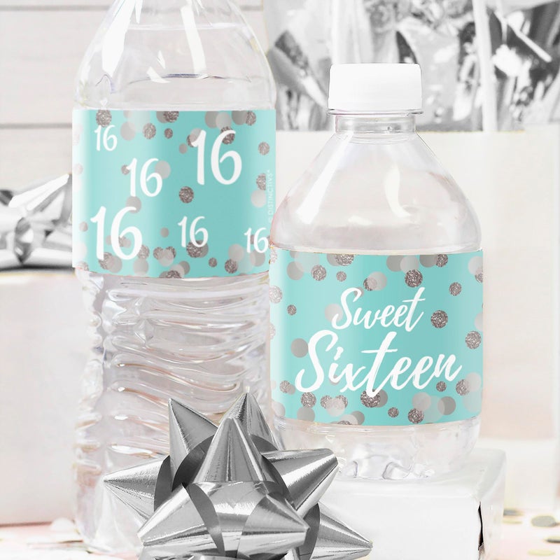 DISTINCTIVS Blue and Silver Sweet 16 Birthday Party Water Bottle Labels, Sweet Sixteen Birthday Stickers for Water Bottles - 20 Count - Image 2